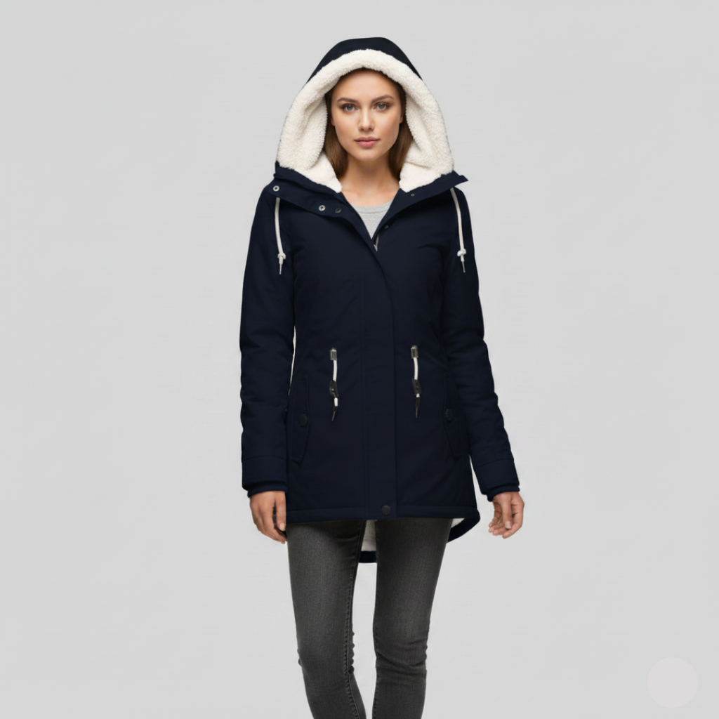 Wasserdichte Winterjacke mit Kapuze und Kuschelfutter – Langarm, Midilänge, Schwarz, Weinrot, Olivgrün 5