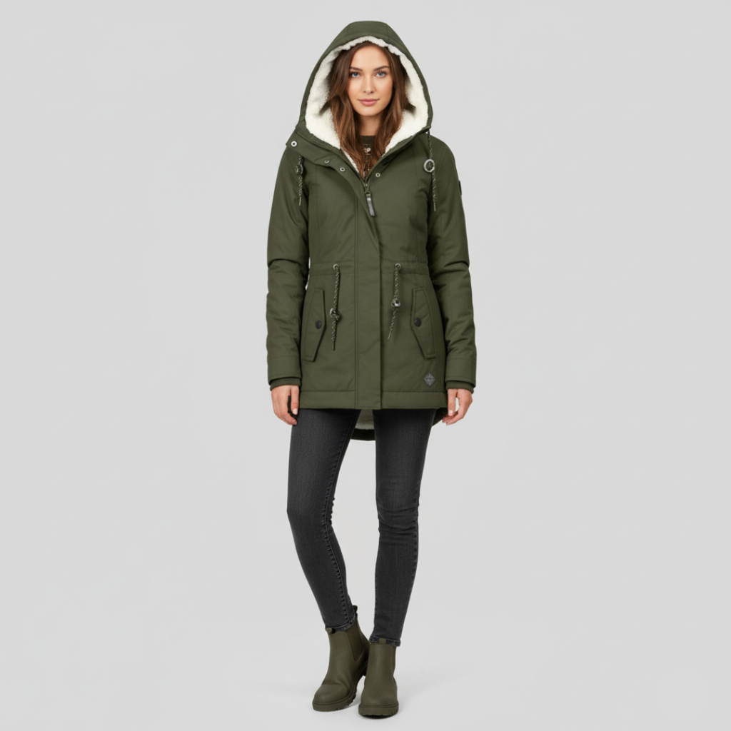 Wasserdichte Winterjacke mit Kapuze und Kuschelfutter – Langarm, Midilänge, Schwarz, Weinrot, Olivgrün 5