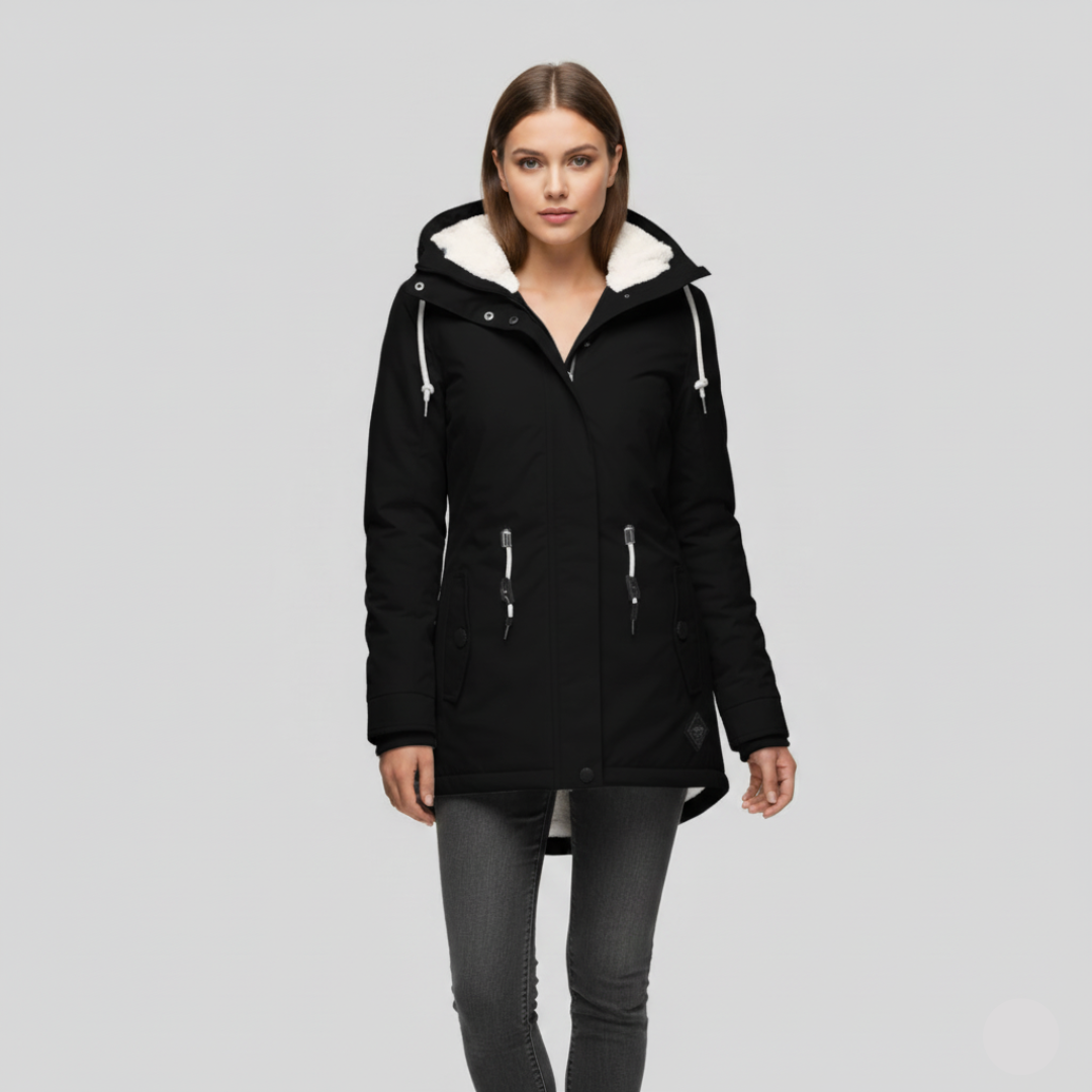 Wasserdichte Winterjacke mit Kapuze und Kuschelfutter – Langarm, Midilänge, Schwarz, Weinrot, Olivgrün 5