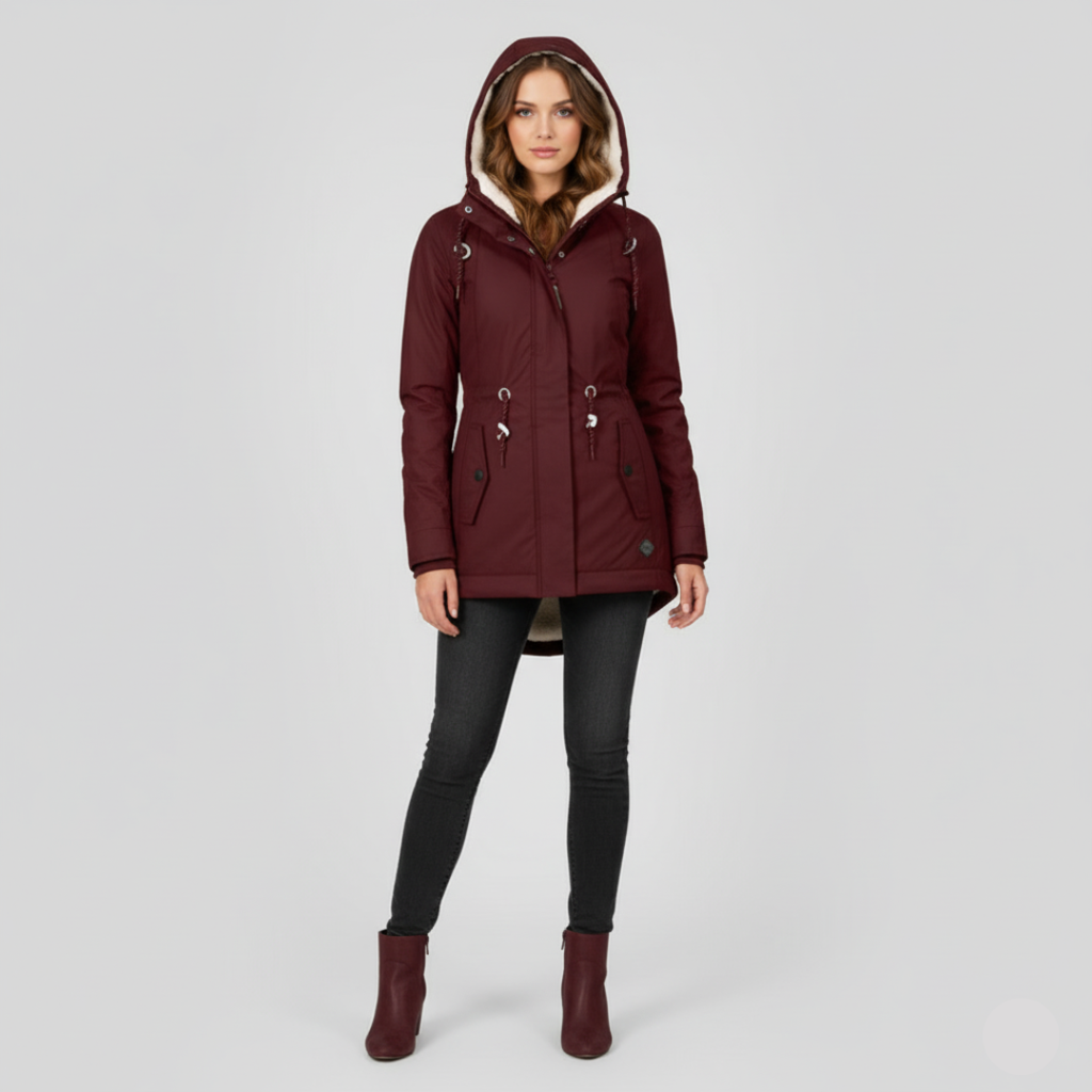 Wasserdichte Winterjacke mit Kapuze und Kuschelfutter – Langarm, Midilänge, Schwarz, Weinrot, Olivgrün 5