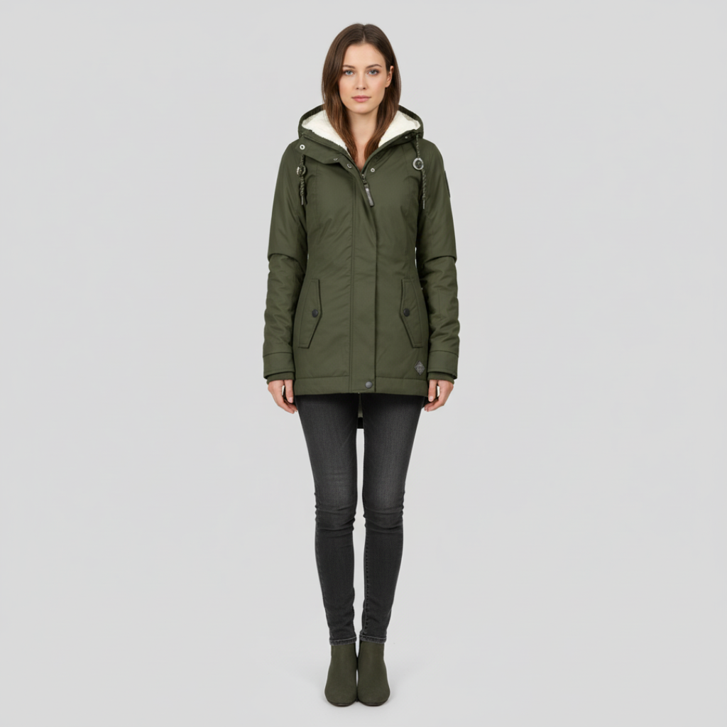 Wasserdichte Winterjacke mit Kapuze und Kuschelfutter – Langarm, Midilänge, Schwarz, Weinrot, Olivgrün 5