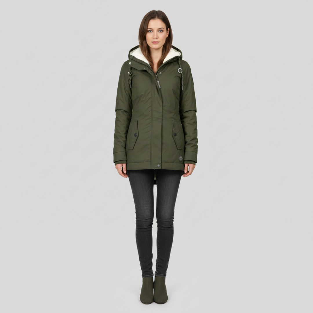 Wasserdichte Winterjacke mit Kapuze und Kuschelfutter – Langarm, Midilänge, Schwarz, Weinrot, Olivgrün 5