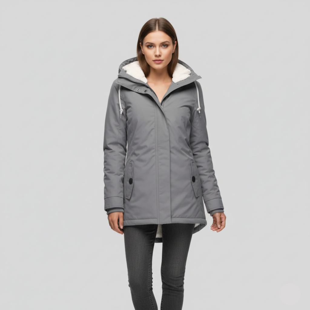 Wasserdichte Winterjacke mit Kapuze und Kuschelfutter – Langarm, Midilänge, Schwarz, Weinrot, Olivgrün 5