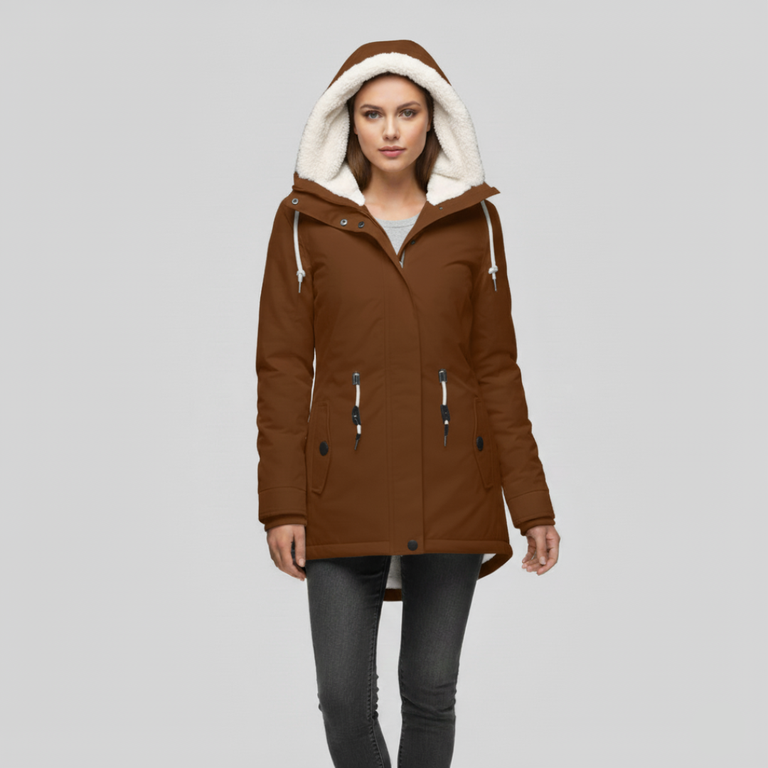 Wasserdichte Winterjacke mit Kapuze und Kuschelfutter – Langarm, Midilänge, Schwarz, Weinrot, Olivgrün 5